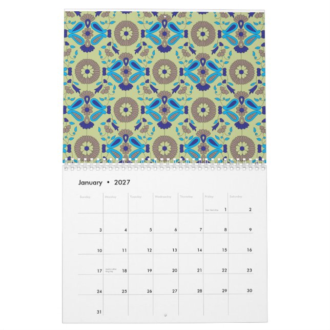 Calendário Um design de têxteis simétrico, de cor azul e/ou (Jan 2027)