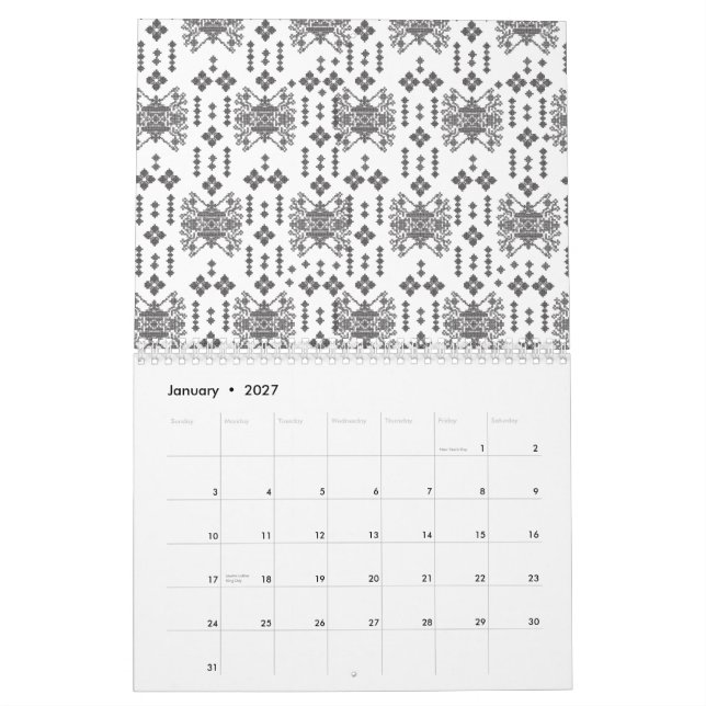 Calendário Um design monocromático simétrico com intricato (Jan 2027)