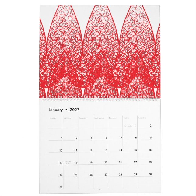 Calendário um fundo vermelho e branco com muitos pontos (Jan 2027)