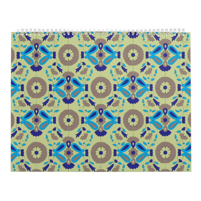 Calendário um padrão azul e verde sobre um fundo verde (Capa)