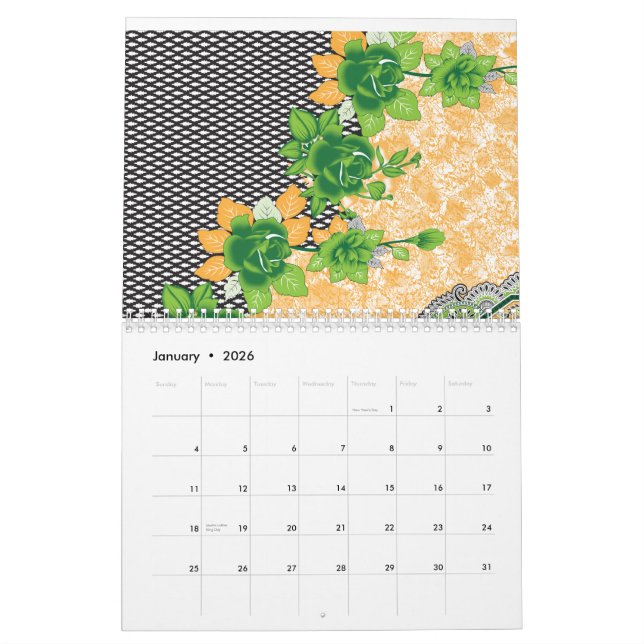 Calendário Um padrão bem feito de verde e laranja (Jan 2026)