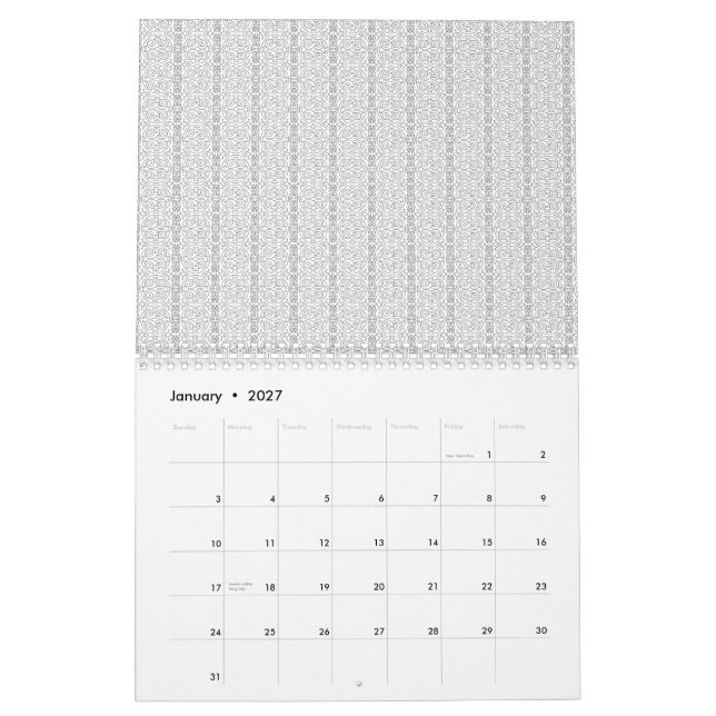 Calendário Um padrão geométrico branco e cinza preenche a ima (Jan 2027)