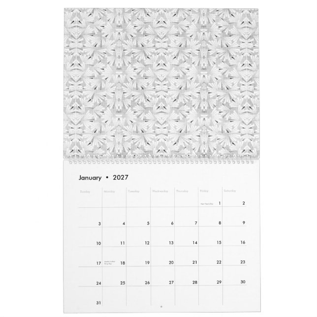 Calendário Um padrão monocromático apresentando numerosas int (Jan 2027)