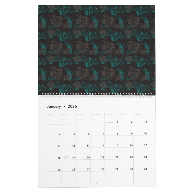 Calendário um padrão preto e verde com fundo preto (Jan 2026)