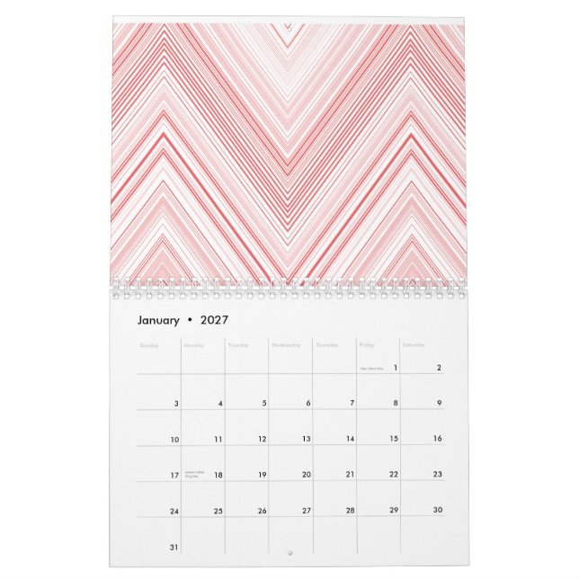 Calendário Um padrão simétrico, com um tom vermelho e rosa (Jan 2027)