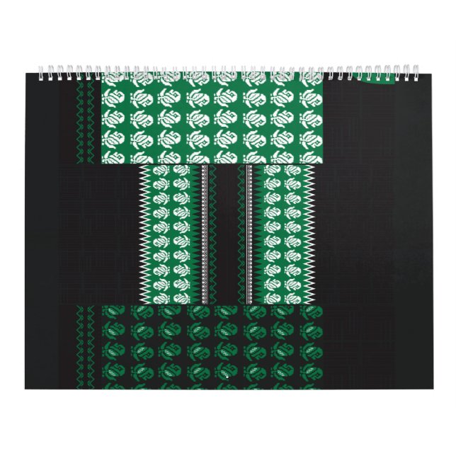 Calendário um padrão verde e preto com uma árvore no meio (Capa)