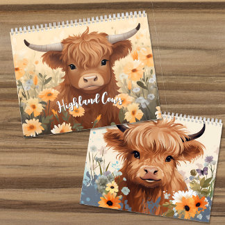 Calendário Vacas e vitelos das terras altas, de raça branca