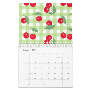 Calendário Vermelho Fruta de Cereja Verde Deixa Pastel Lumber