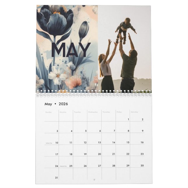 Calendário Vintage elegante com rústica floral (Maio 2026)