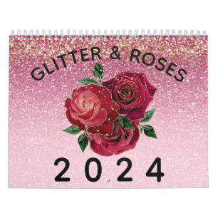 Calendário Vintage Modern Glitter and Rosa Glam Floral 2024