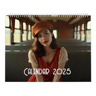 Calendário Vintage retro mulher no trem