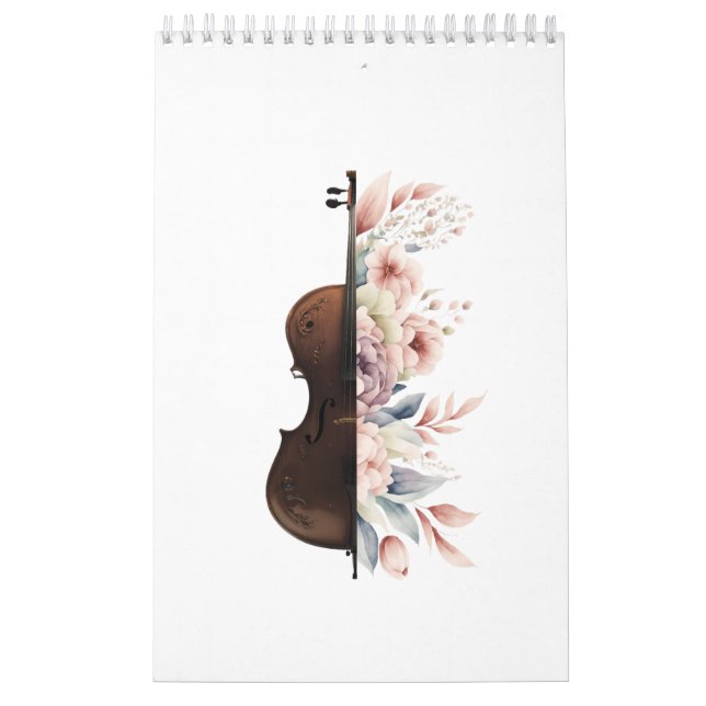Calendário Violino entre flores. Buquê de flores. (Capa)