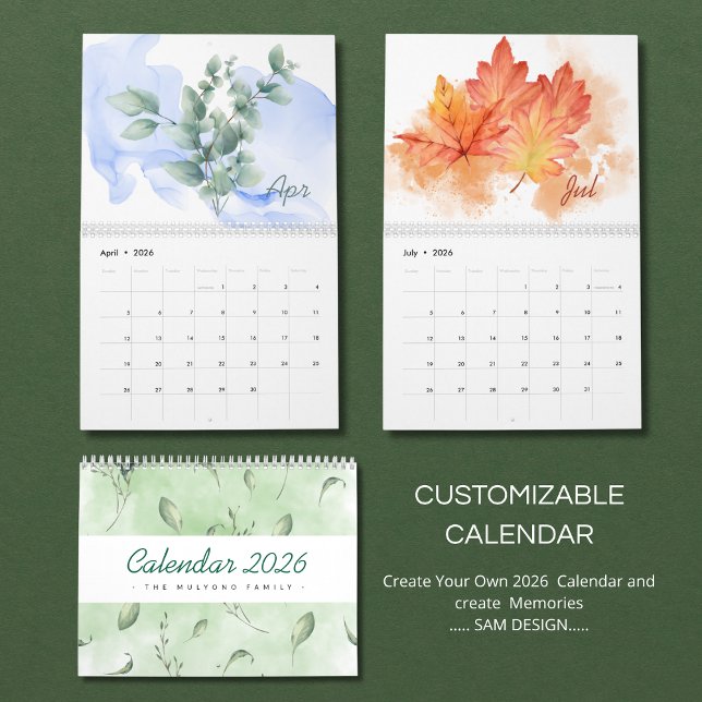Calendário Watercolor Leaves 2026 Calendar | Botanical Nature (Criador carregado)