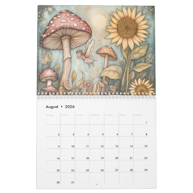 Calendário Whimsical Mushroom, Cogumelos (Ago 2026)