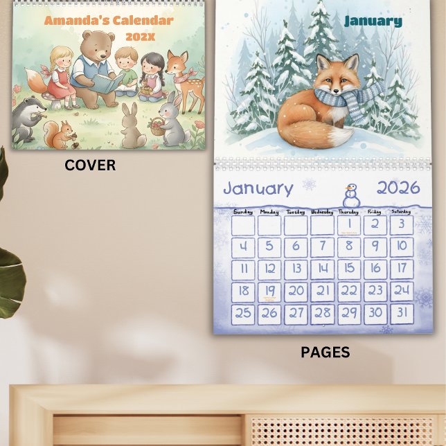 Calendário Woodland Forest Friends Personalized Kids 2026 (Criador carregado)