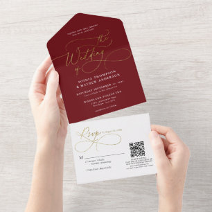 Caligrafia Casamento Código QR Borgonha Dourado