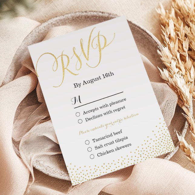 Caligrafia com brilho fino dourado editável RSVP (Editable glam faux gold glitter calligraphy RSVP)