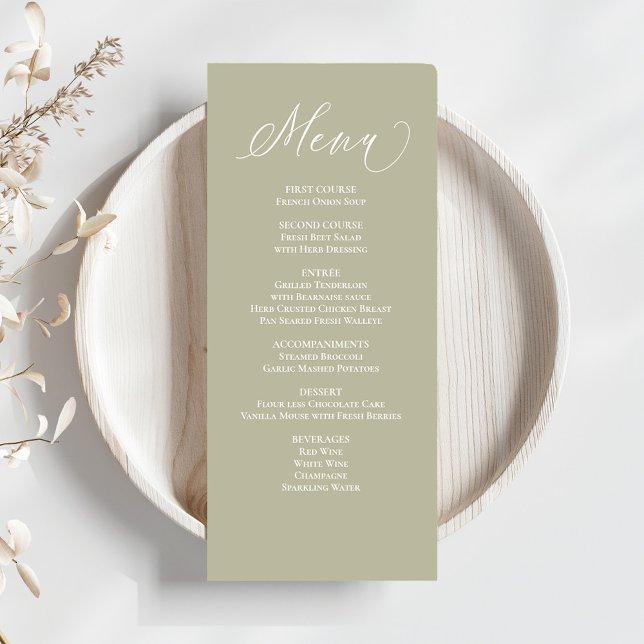 Caligrafia de Casamento Menu Janto Sage Green (Wedding menu card with a sage green calligraphy script.)