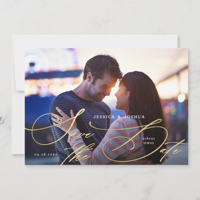 Caligrafia Dourada Elegante Salve o Cartão de Data (Frente)