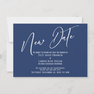 Caligrafia Elegante Nova Data Anúncio Azul-Marinho