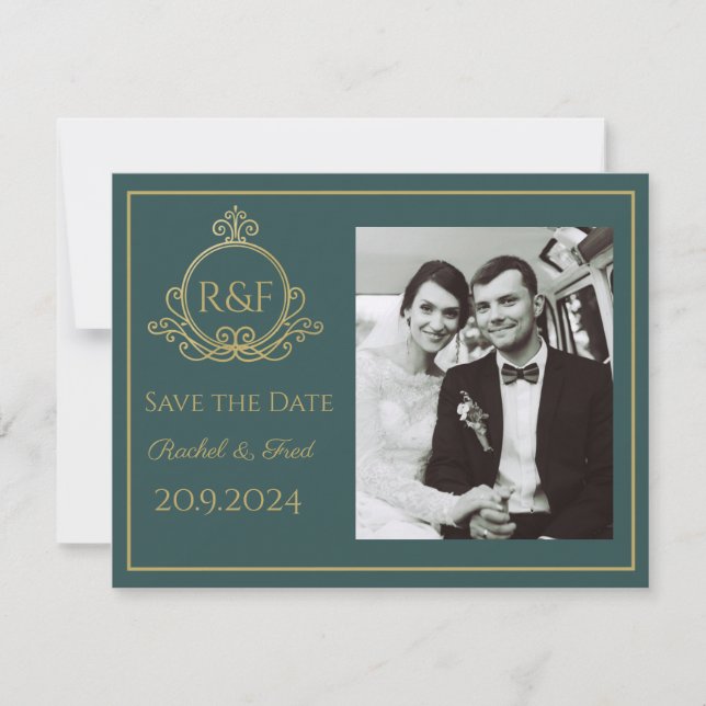 Caligrafia Elegante Verde do Ouro Salva a Data (Frente)