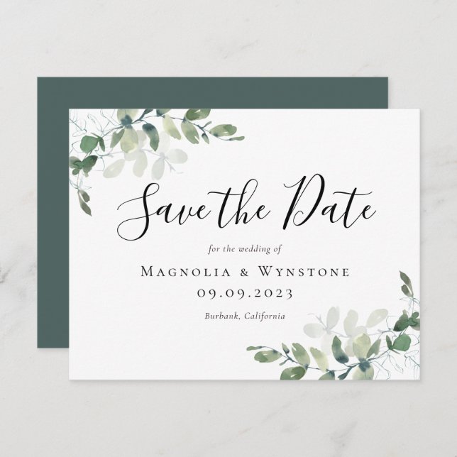 Caligrafia Eucalyptus Watercolor Salve a Data (Frente/Verso)