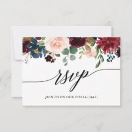 Calligrafia Burgundy Blue Floral Casamento RSVP Re