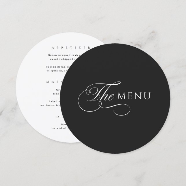Calligraphy Elegant Circle Black Wedding Menu (Frente/Verso)