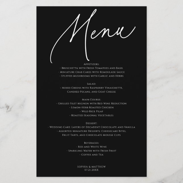 Calligraphy Minimalist Wedding Menu Black (Frente)