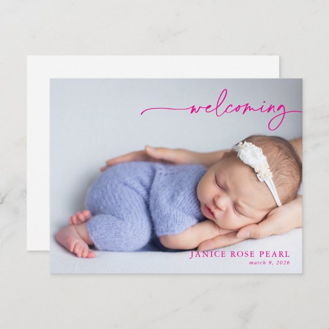Calligraphy Pink Welcoming Baby Announcement card (Frente/Verso)