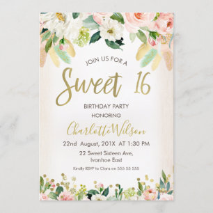 Calliografia Floral Boho 16º Convite de Aniversári