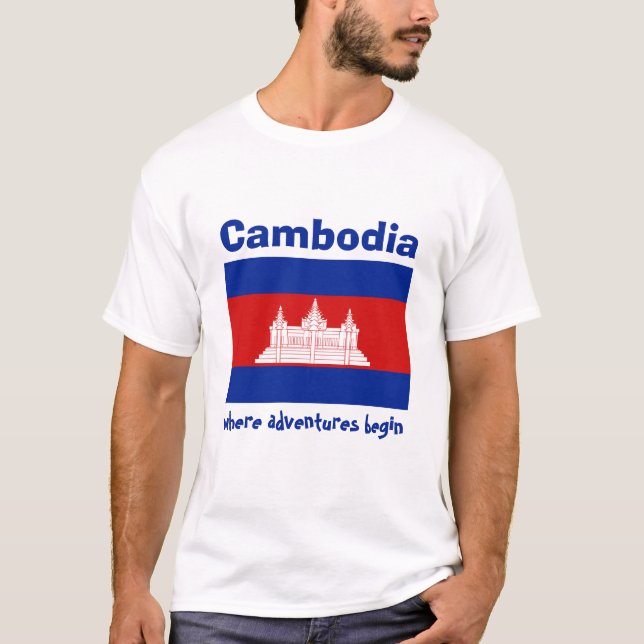 Camboja Bandeira + Mapa + Camiseta de Texto (Frente)