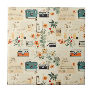 Câmera Vintage Rádio Floral Azul Turquesa Laranja