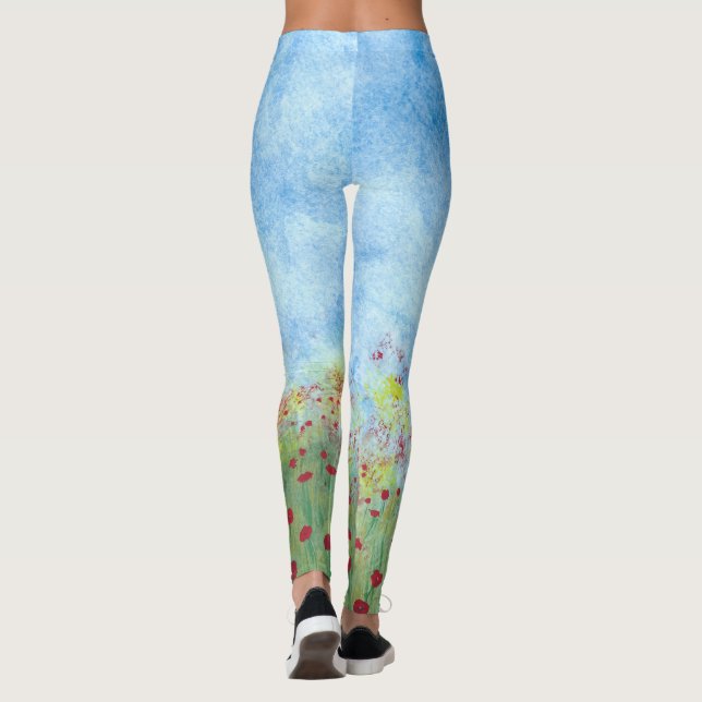 Caminhando no campo de papoilas vermelhas leggings (Verso)