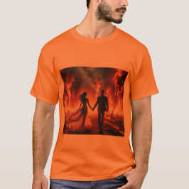 Caminhando pelo fogo em uma camiseta verde de mang