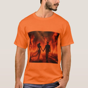 Caminhando pelo fogo em uma camiseta verde de mang