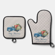 Caminhão de Natal Azul Vintage Xadrez Fazenda Cinz