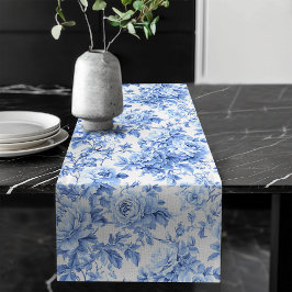 Caminho De Mesa Grande Antique Blue French Toile Roses Floral Table Runne
