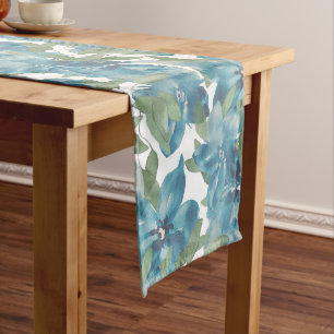 Caminho De Mesa Grande Aquarela Floral Azul Oceano Fusão Pintada à Mão