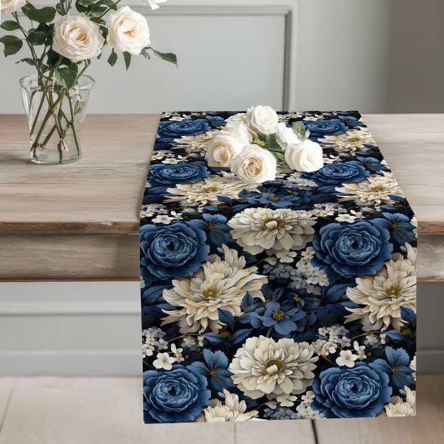 Caminho De Mesa Grande Blue and Ivory Floral Modern Table Runner (Blue and Ivory Floral Modern Table Runner)