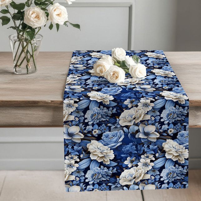 Caminho De Mesa Grande Blue and White Flowers Elegant Table Runner (Navy blue and ivory flowers,
Deep Blue flowers botanical garden,
Royal blue dusty blue floral,
Water)