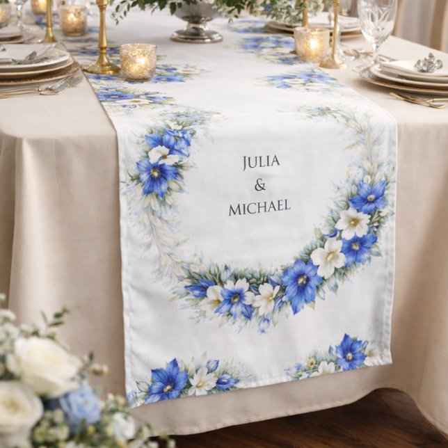 Caminho De Mesa Grande Blue Chic Botanical Wreath Wedding Decor Newlyweds (Criador carregado)