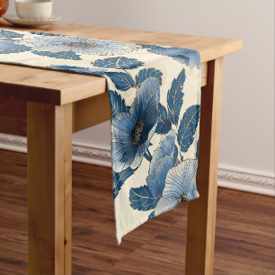 Caminho De Mesa Grande Blue Floral Dourado Glitter Japonês Ukiyo-e