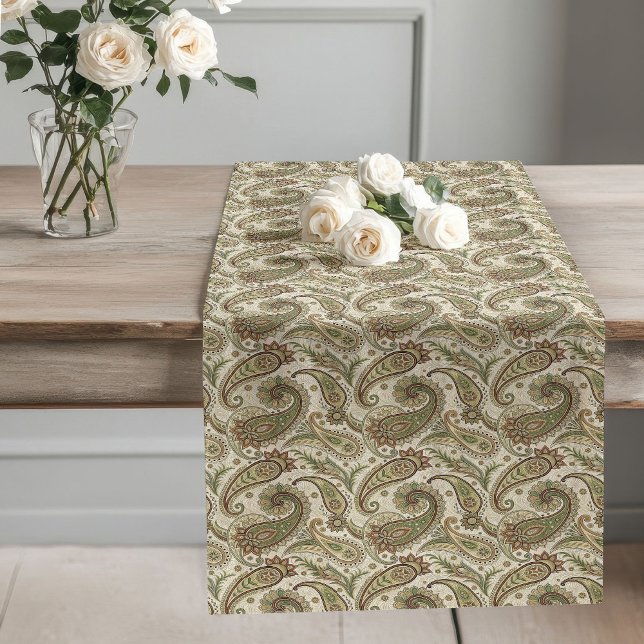 Caminho De Mesa Grande Boho Earthy Paisley Impressão Detalhes Sage Green  (Boho Earthy Paisley Print Details Sage Green Brown Long Table Runner)