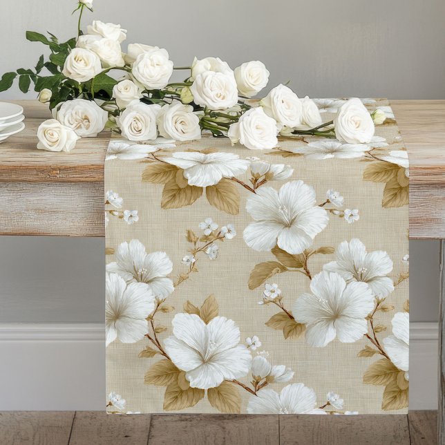 Caminho De Mesa Grande Boho Neutral White Flowers Table Runner (Boho Neutral White Flowers Table Runner)