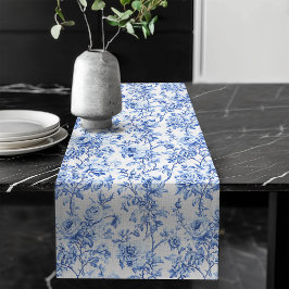 Caminho De Mesa Grande Chic Blue French Toile Roses Floral Table Runner