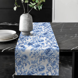 Caminho De Mesa Grande Chic Blue Roses Toile Floral Pattern Style Table 