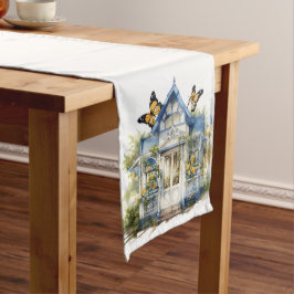 CAMINHO DE MESA GRANDE COTTAGEM BRANCA AZUL COM BORDAS AMARELAS