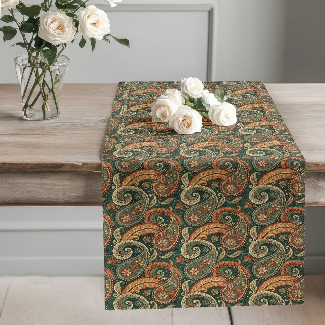 Caminho De Mesa Grande Earthy Paisley Boho Dark Green Brown Copper Sage (Earthy Paisley Boho Dark Green Brown Copper Sage Long Table Runner)