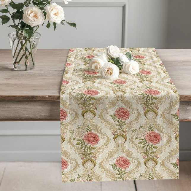 Caminho De Mesa Grande Elegante Beige Damask Blush Rosas Inspire Vitorian (Elegant Beige Damask Blush Roses Victorian Inspire Long Table Runner)